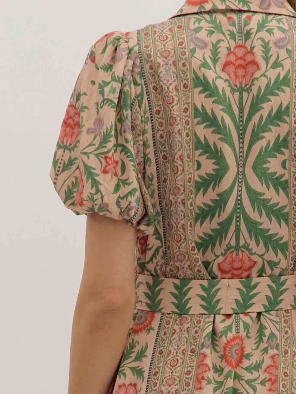 NWT Entro Botanical Print Puff Sleeve Midi Dress in Natural Multi - Picture 2 of 7